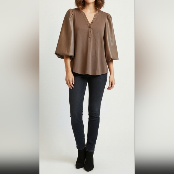 Chico's Tops - Chico's Women's Brown Mixed Media Blouse Size 0 (US Small) - Faux Leather Sleeve